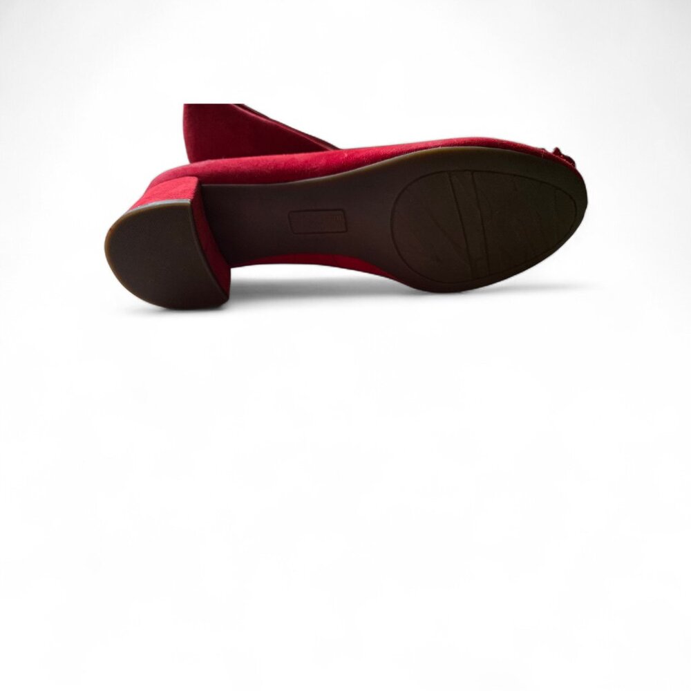 NWOB Anne Klein Red Suede Cocktail Heels - Gold Metallic Trim & Pom-Pom - Picture 5 of 5